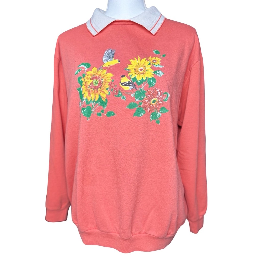 Vintage Floral Bird Collar Sweatshirt Coral Cottagecore Haband USA Womens Large